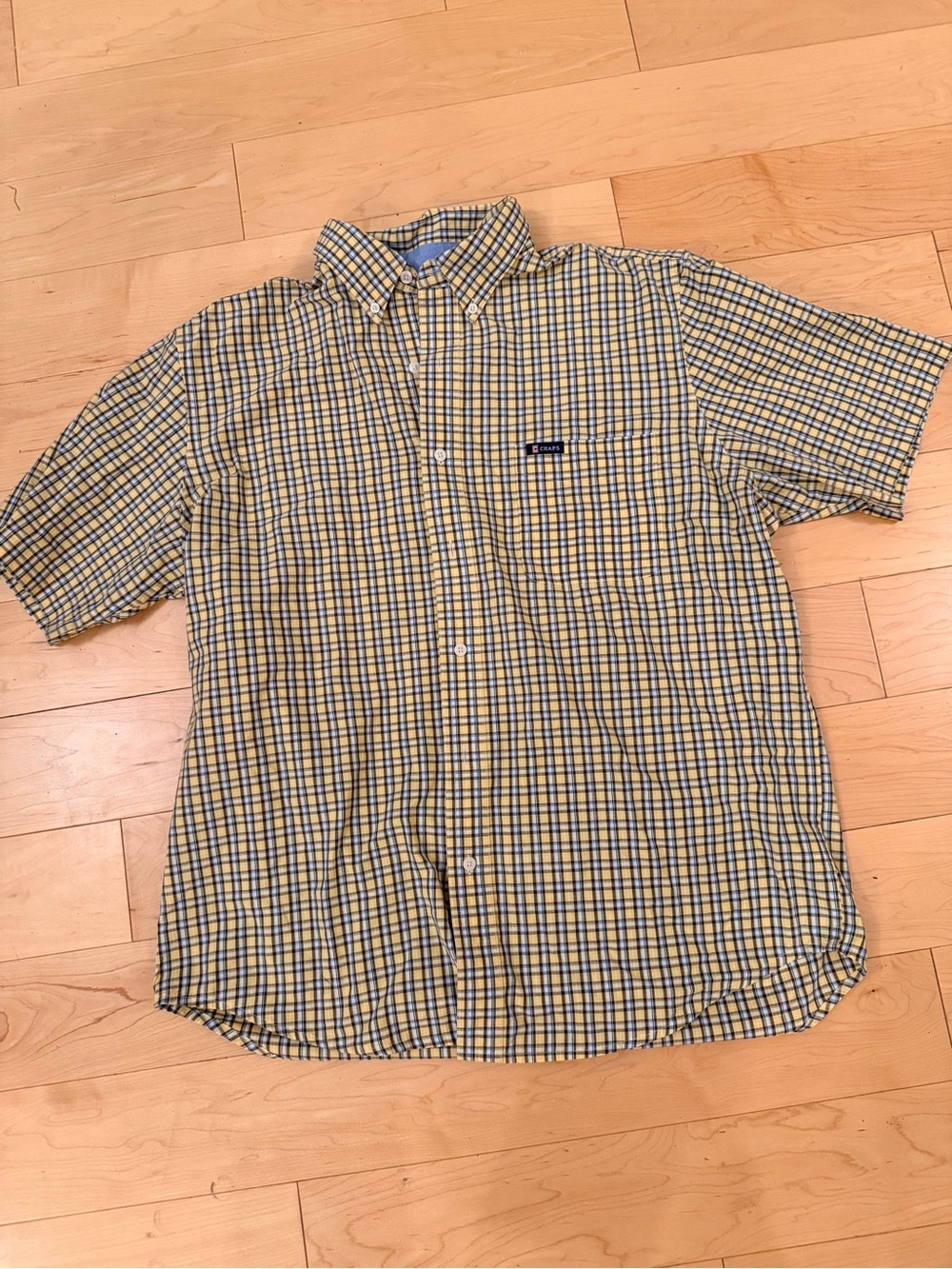 Chaps Mens Large Short Sleeve Button Down Shirt Yellow Blue Plaid Easy Care EUC